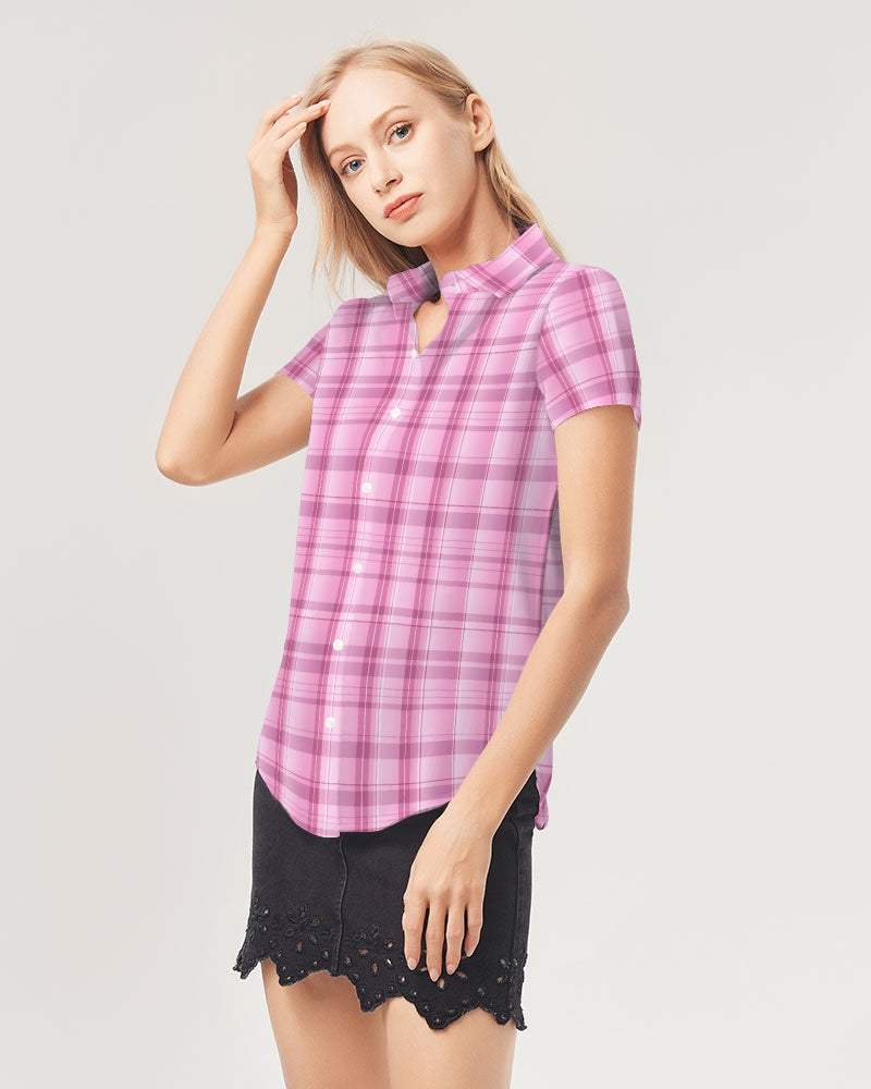 Pink Plaid Women's Button Up Shirt, Check Tartan Short Sleeve Print Casual Buttoned Down Summer Ladies Collared Casual Dress Top Blouse