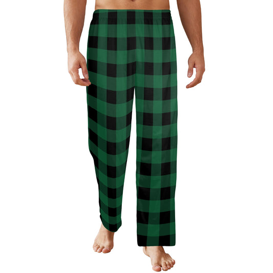 Green Buffalo Plaid Men Pajamas Pants, Black Tartan Check Christmas Xmas Satin PJ Sleep Trousers Couples Matching Trousers Bottoms Starcove Fashion