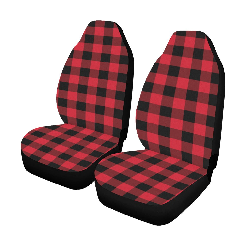 Red Buffalo Plaid Car Seat Covers 2 pc, Black Check Lumberjack Auto Automotive Vehicle Front Dog Truck Car SUV Chair Protector Accessory