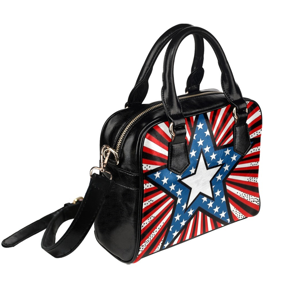 American Flag Purse, Stars Stripes Red White Blue USA Patriotic Black Cute Small Shoulder Bag Vegan Leather Women Designer Handbag Ladies Starcove Fashion