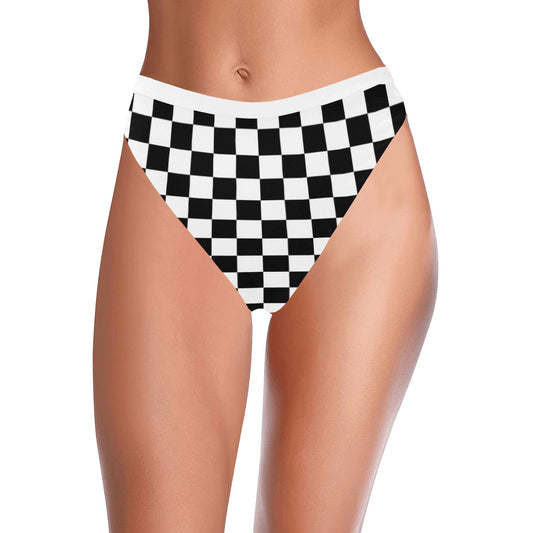 Checkered High Waisted Bikini Bottom, Black White Check Checkerboard Cheeky High Cut Leg Sexy Swim Bathing Suit Swimsuits Women
