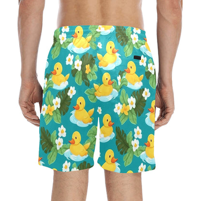 Yellow Rubber Duck Men Swim Trunks Shorts, Tropical Print Swimming Mid Length Funny Beach Pockets Mesh Drawstring Casual Bathing Suit Summer Starcove Fashion