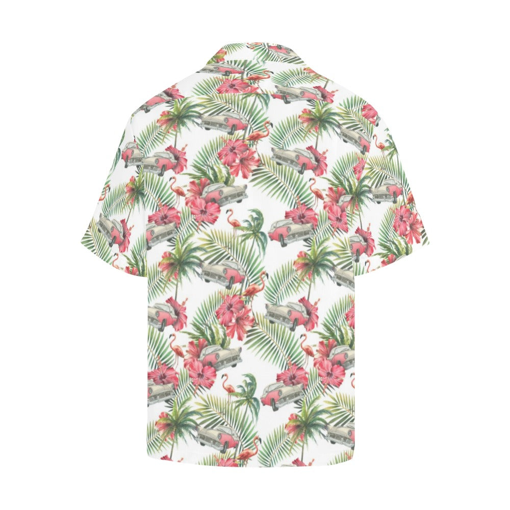 Car Men Hawaiian shirt, Tropical Flamingo Print Vintage Retro Summer Hawaii Aloha Beach Plus Size Cool Leaves Button Down Shirt Starcove Fashion