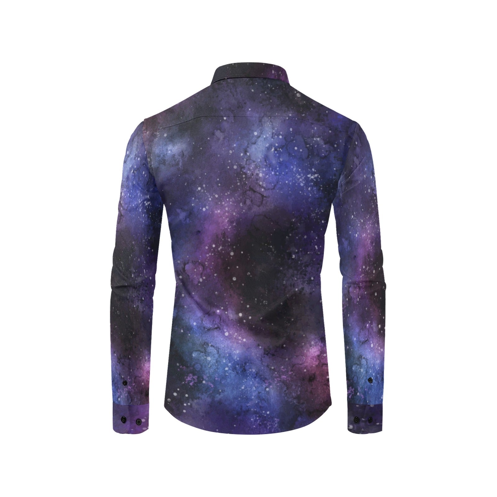 Starcove Galaxy Long Sleeve Men Button Up Shirt, Space Nebula Geeky Stars Print Dress Buttoned Collared Casual Dress Shirt with Chest Pocket L