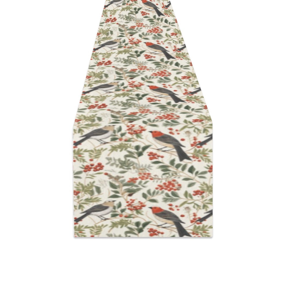 Birds Berries Table Runner, Christmas Holiday Xmas Winter Home Decor Theme Cloth Tablecoth Dining Linen
