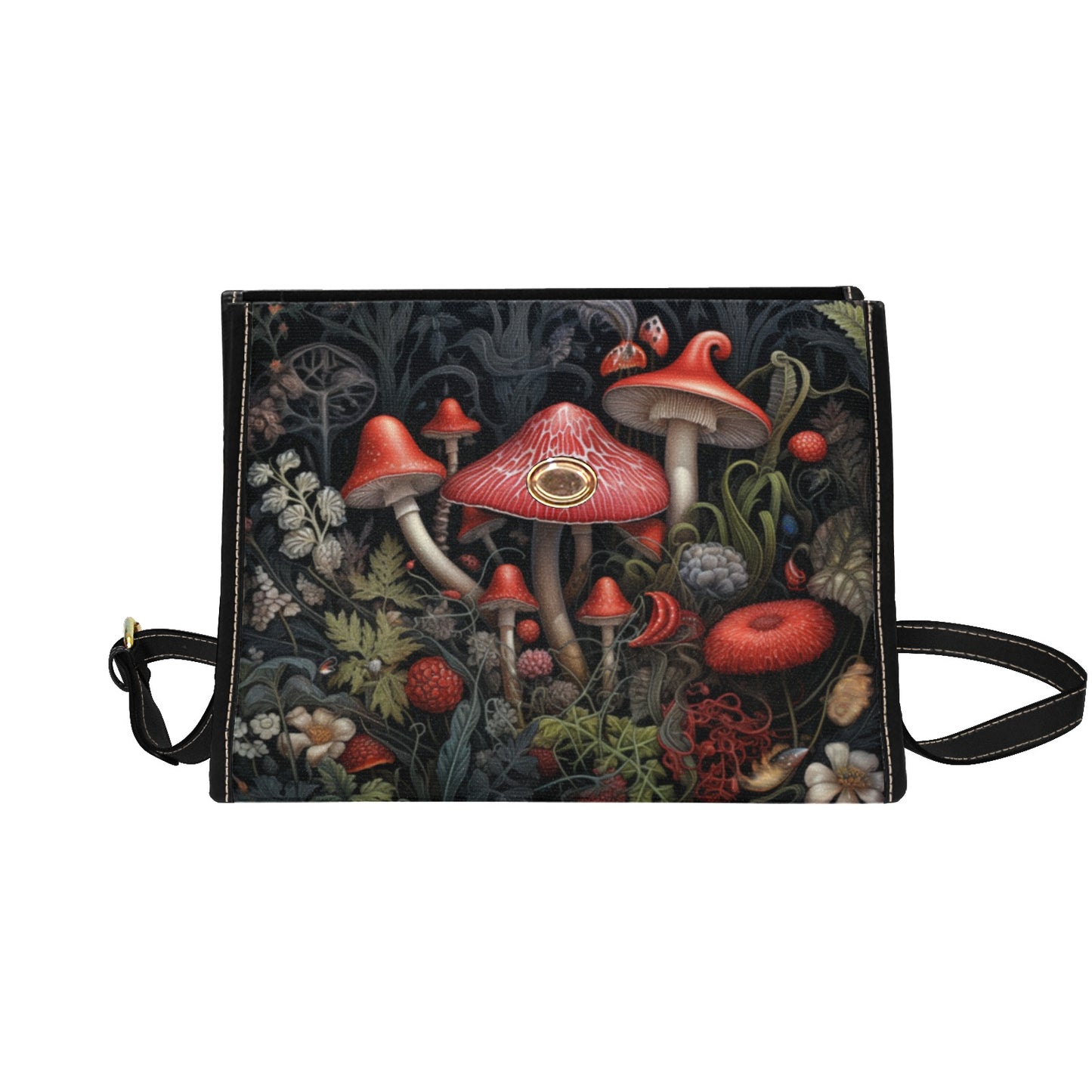 Red Mushroom Canvas Satchel bag, Wildflowers Forest Vintage Cottagecore Waterproof Cute Women Crossbody Purse Vegan Leather Strap Handbag Starcove Fashion