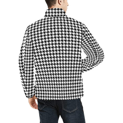 Houndstooth Men Lightweight Bomber Jacket, Black White Stand Collar Padded Streetwear Quilted Winter Warm Coat
