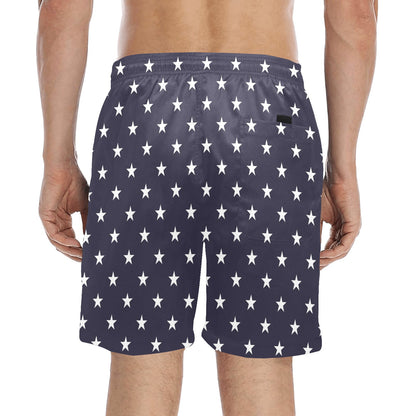 American Flag Stars Men Mid Length Shorts, USA Beach Swim Trunks Front and Back Pockets & Mesh Drawstring Boys Casual Bathing Suit Summer Starcove Fashion