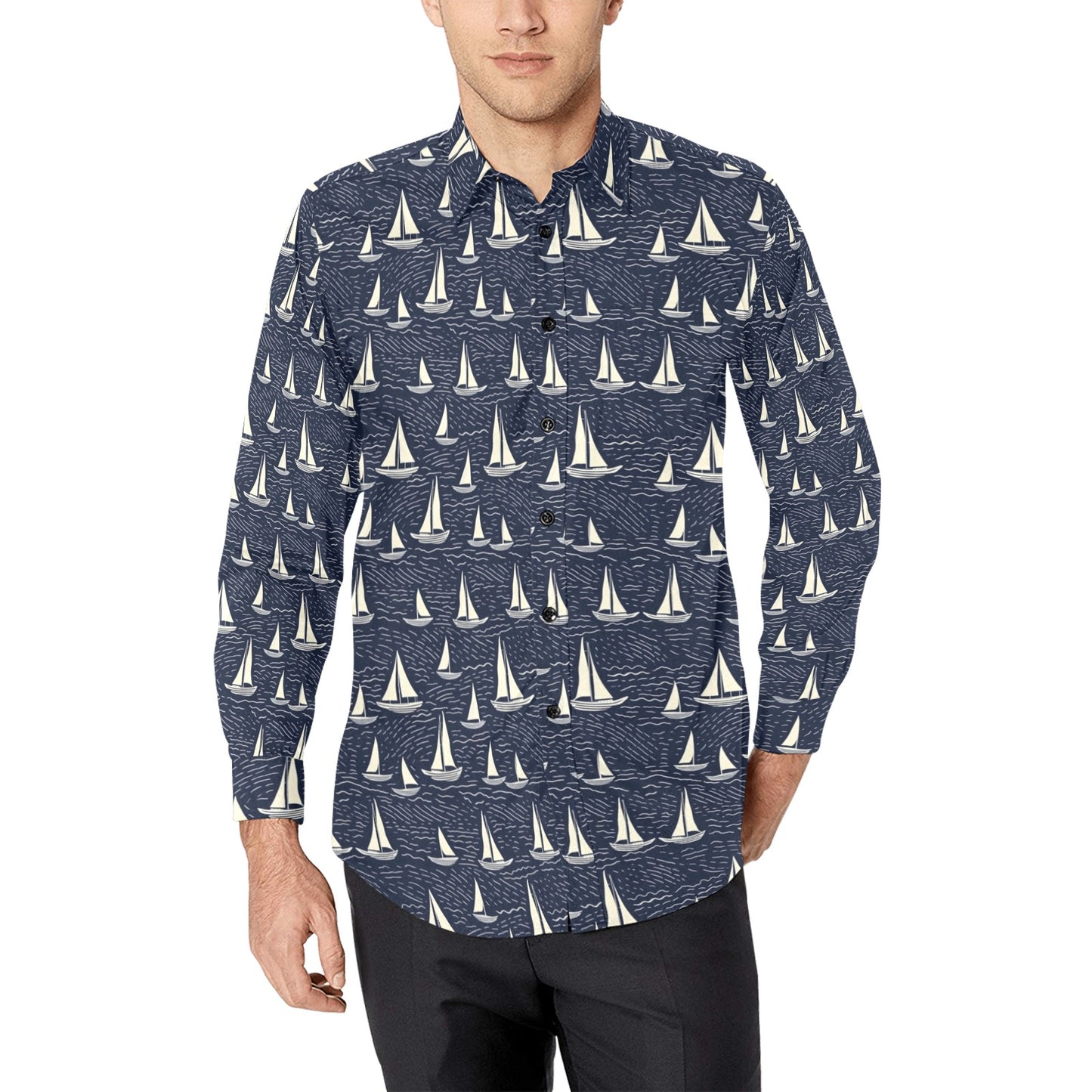 Sail Boats Men Button Up Shirt, Long Sleeve Nautical Navy Ocean Sea Blue Print Dress Buttoned Collar Casual Dress Shirt with Chest Pocket Starcove Fashion