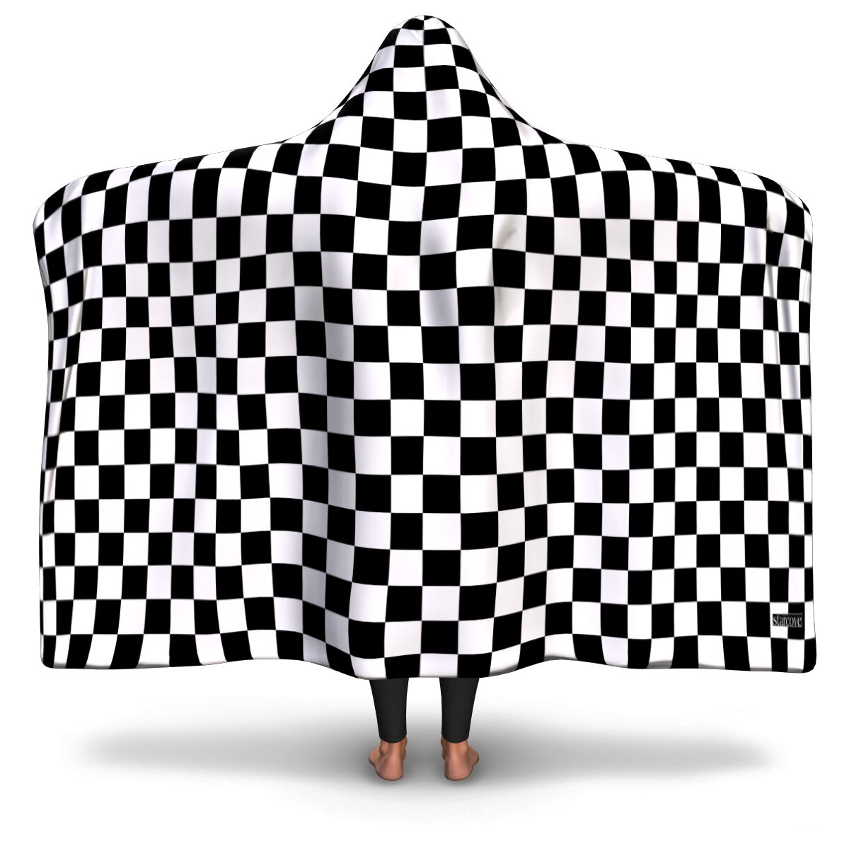 Black White Checkered Hooded Blanket, Check Racing Flag Fleece Microfiber Fluffy Sherpa Adult Youth Men Woman Wearable Cloak Winter Gift Starcove Fashion