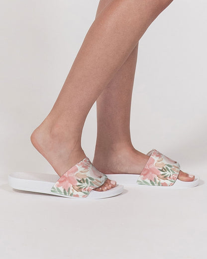 Pink Flowers Women Slides Sandals, Watercolor Floral White Designer Shoe Girls Flat Wedge Vegan Faux Leather Slippers Flip Flops Slip On Starcove Fashion