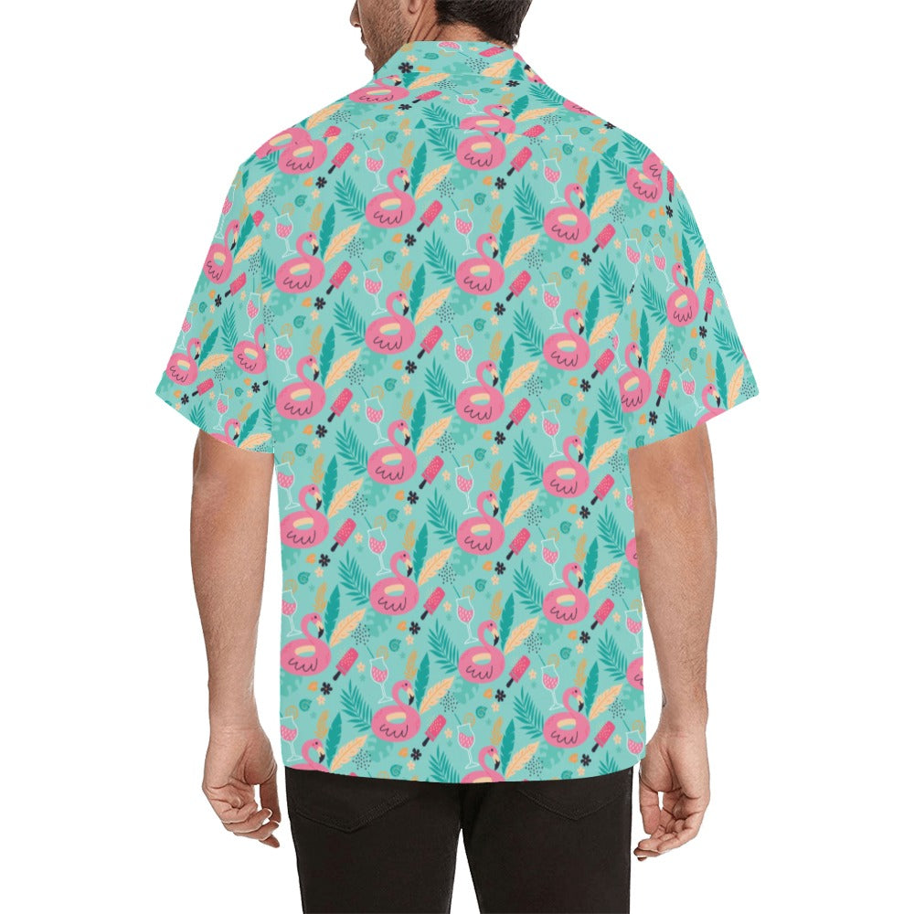 Flamingo Men Hawaiian shirt, Tropical Green Print Vintage Retro Summer Hawaii Aloha Beach Plus Size Cool Leaves Button Down Shirt