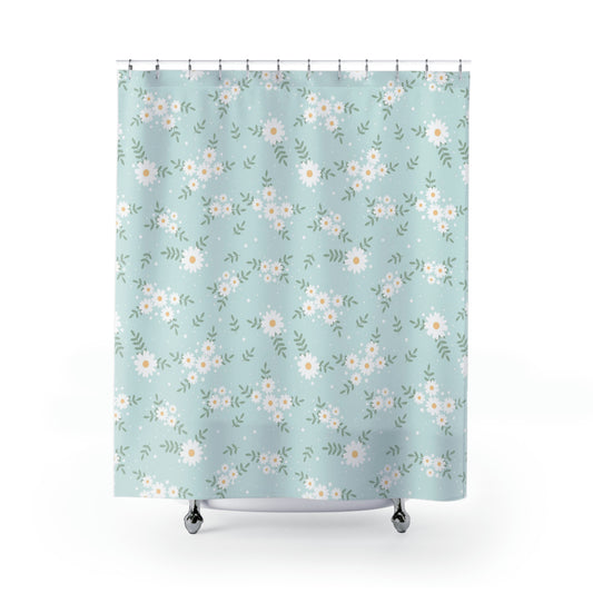 Daisy Flowers Shower Curtain, Boho Blue White Floral Fabric Unique Bath Bathroom Decor Cool Unique Housewarming Home Gift 71" x 74"