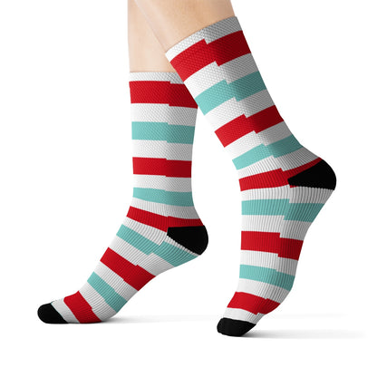 Candy Cane Socks, Aqua Blue Red White Horizontal Stripes Christmas 3D Printed Sublimation Women Men Fun Cool Funky Casual Unique Starcove Fashion