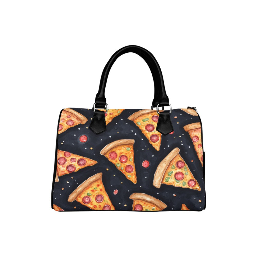 Pizza Slice Print Handbag Purse, Cute Italian Food Art Top Zipper Canvas Leather Top Handle Barrel Type Women Designer Ladies Bag