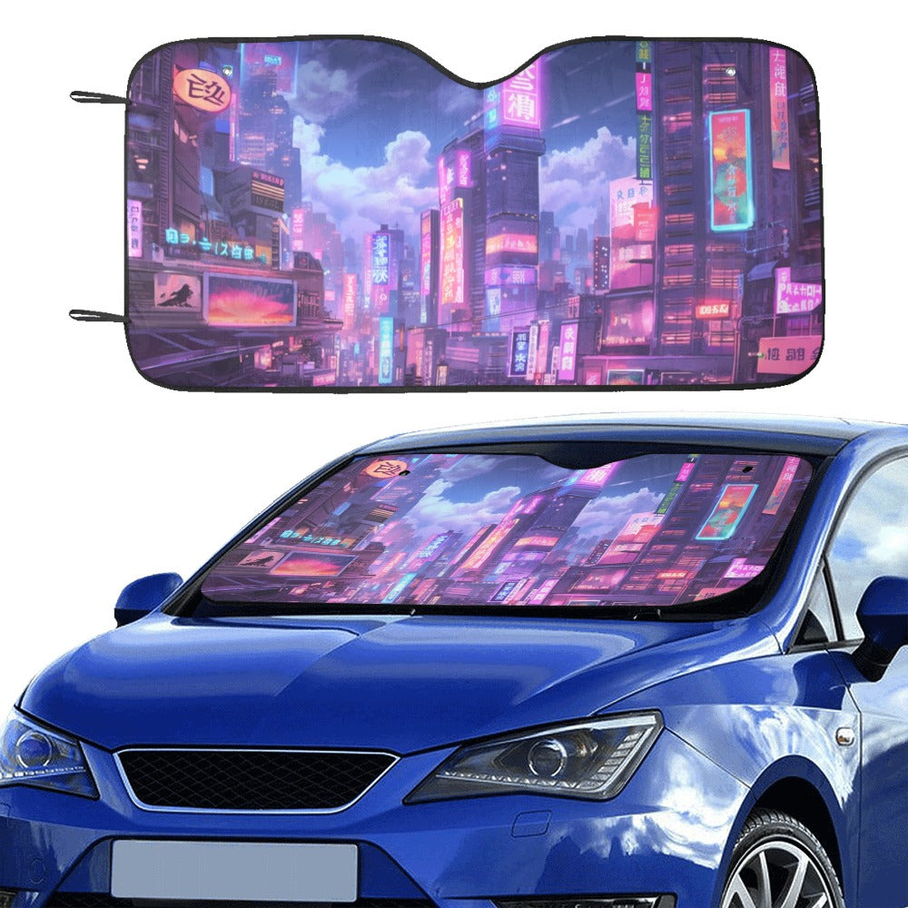 Tokyo Neon Signs Car Sun Shade, Anime Purple Universal Windshield Accessories Auto Protector Window Visor Screen Blocker Decor 55" x 29.53"