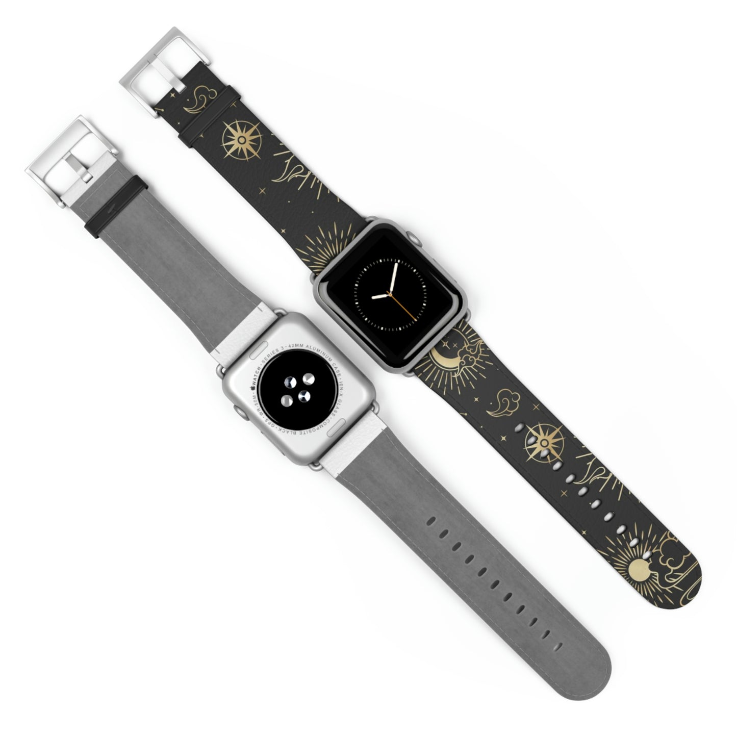 Moon Stars Apple Watch Band, Black Witchy Celestial iWatch Vegan Faux Leather Straps 38mm 40mm 42mm 44mm Series 3 4 5 6 7 SE Women