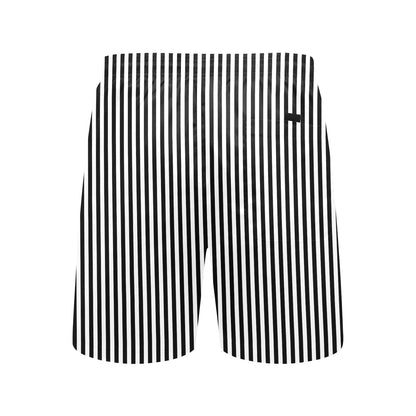 Black White Striped Men Swim Trunks, Mid Length Shorts Beach Pockets Mesh Lining Drawstring Male Casual Bathing Suit Plus Size Swimwear