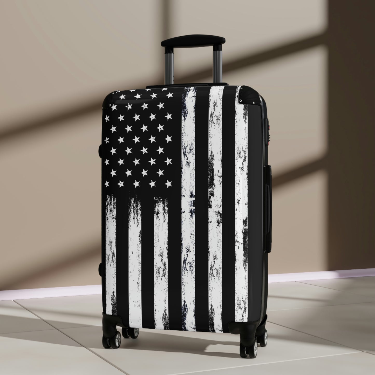 American Flag Suitcase Luggage, USA Carry On With 4 Wheels Cabin Travel Small Large Set Rolling Spinner Lock Designer Hard Shell Case