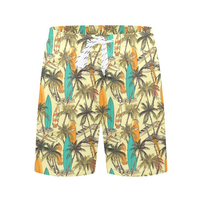 Palm Tree Men Swim Trunks, Vintage Surfboards Tropical Beach Mid Length Shorts Pockets Mesh Drawstring Casual Bathing Suit Summer Plus Size