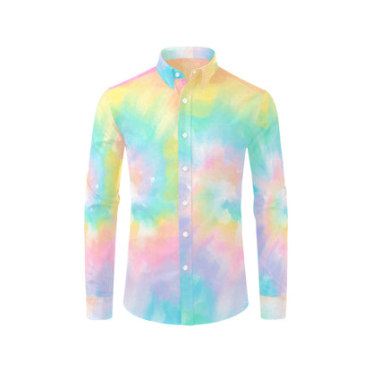 Pastel Tie Dye Long Sleeve Men Button Up Shirt, Rainbow Groovy Spiral Print Buttoned Collared Casual Dress Shirt with Chest Pocket Starcove Fashion