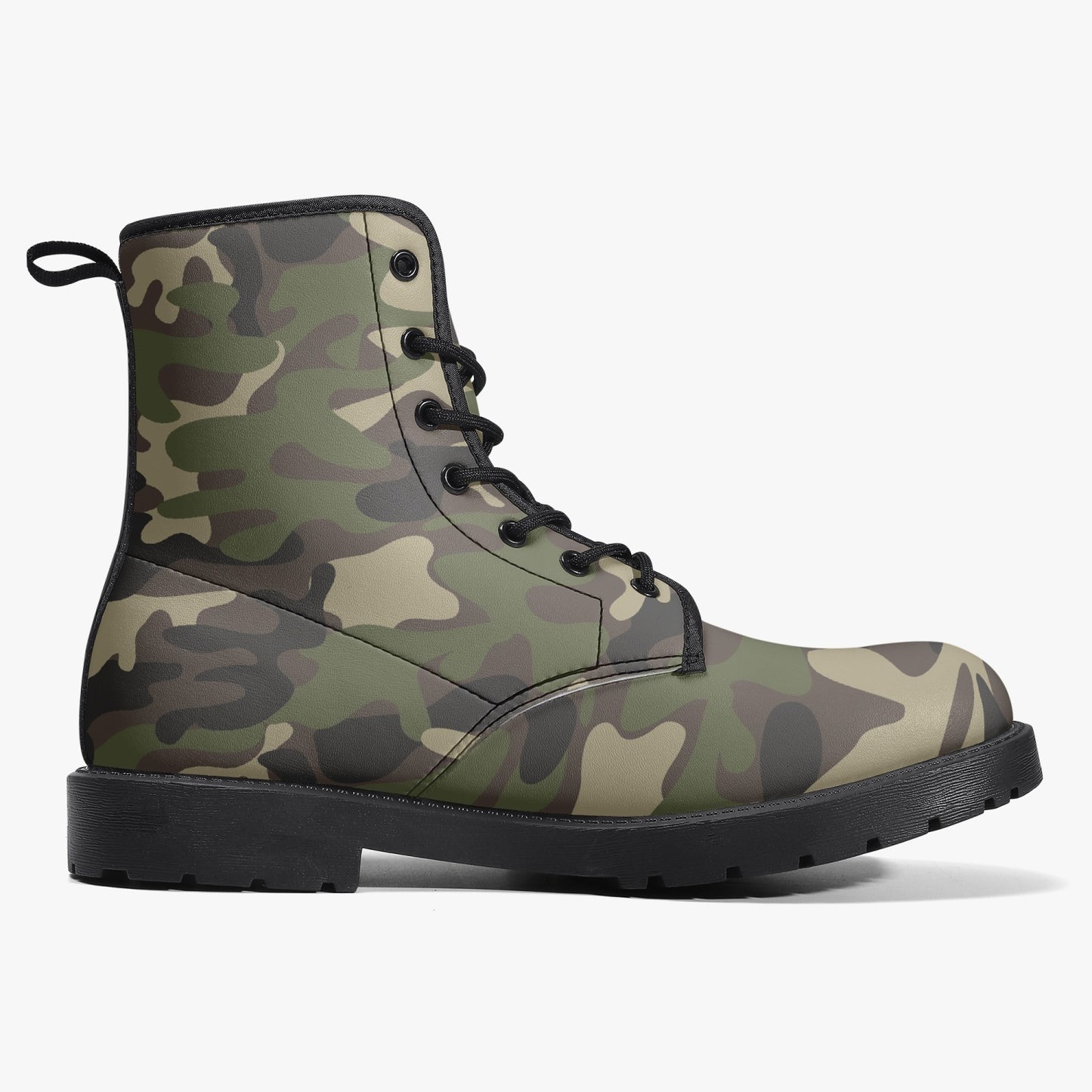 Camouflage Men Vegan Leather Combat Boots, Green Army Camo Lace Up Shoes Hiking Festival Black Ankle Work Winter Casual Custom Starcove Fashion