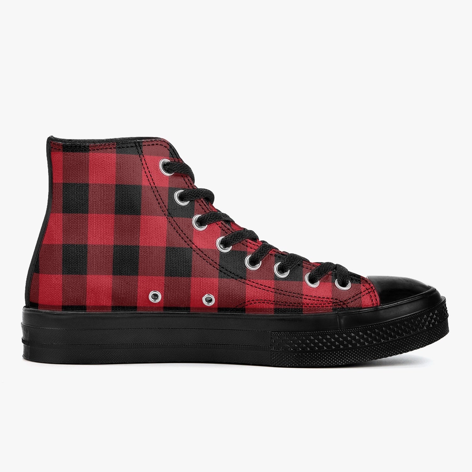 Red Buffalo Plaid High Top Shoes, Black Check Lace Up Sneakers