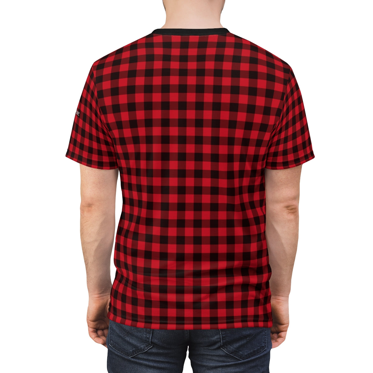 Red Buffalo Plaid Men Tshirt, Black Holiday Party Lumberjack Check Checkered Designer Christmas Crewneck Unisex Shirt Starcove Fashion