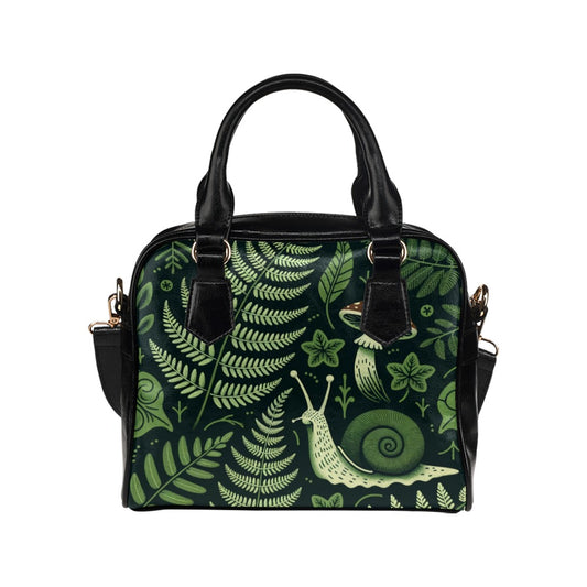 Forest Green Leather Purse, Vintage Leaves Cottagecore Plants Ferns Snail Mushroom Print Small Shoulder Women Designer Handbag Ladies Bag