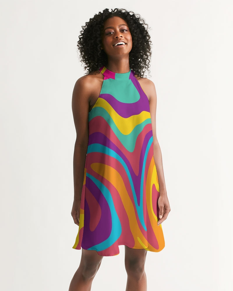 Funky Trippy Women Halter Dress, Colorful Retro Vintage 70s Summer Sleeveless Cocktail Mini Cute Handmade Designer Dress White base color / XL