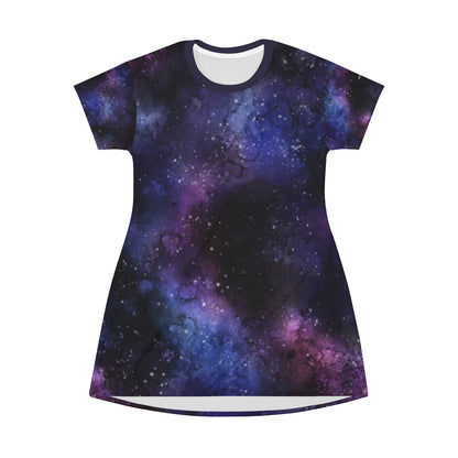 Galaxy Space T Shirt Dress Women, Constellation Cosmic Stars Purple Print Universe Celestial Party Rave Festival Girls Tee Ladies Starcove Fashion