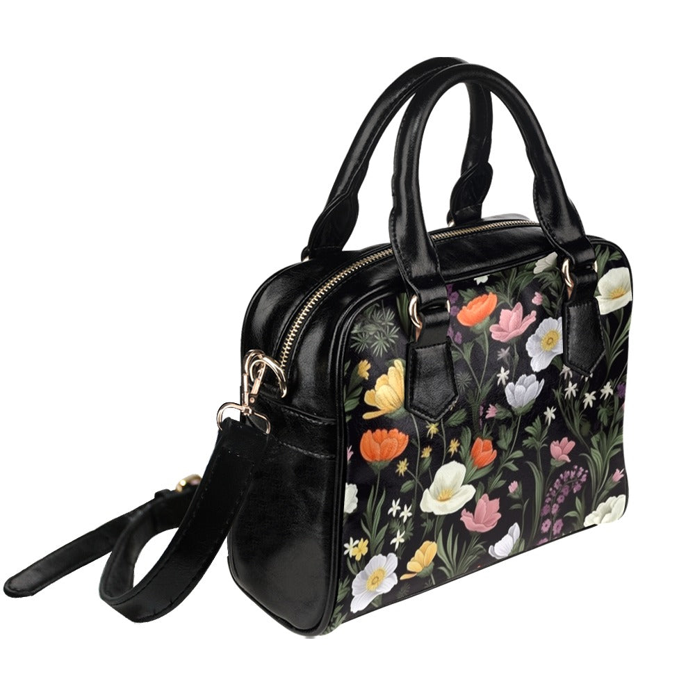 Floral Purse, Wild Flowers Botanical Retro Pattern Cute Small Shoulder Zip Bag Vegan Leather Women Designer Handbag Crossbody Ladies