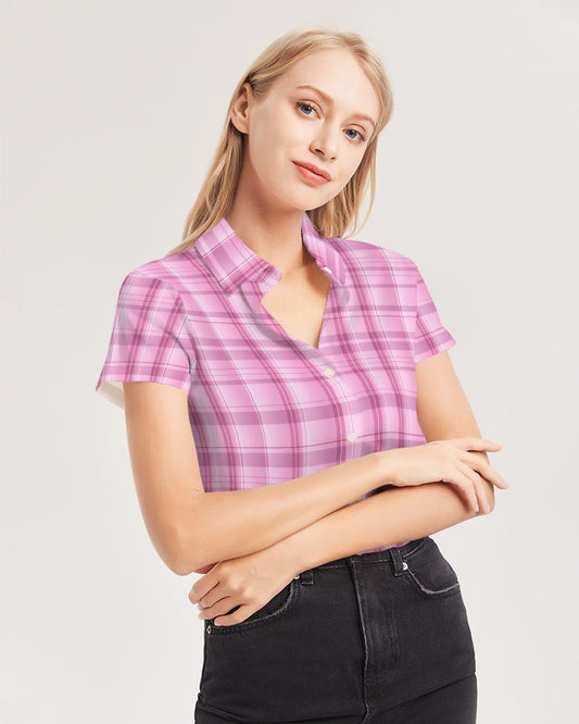 Pink Plaid Women's Button Up Shirt, Check Tartan Short Sleeve Print Casual Buttoned Down Summer Ladies Collared Casual Dress Top Blouse