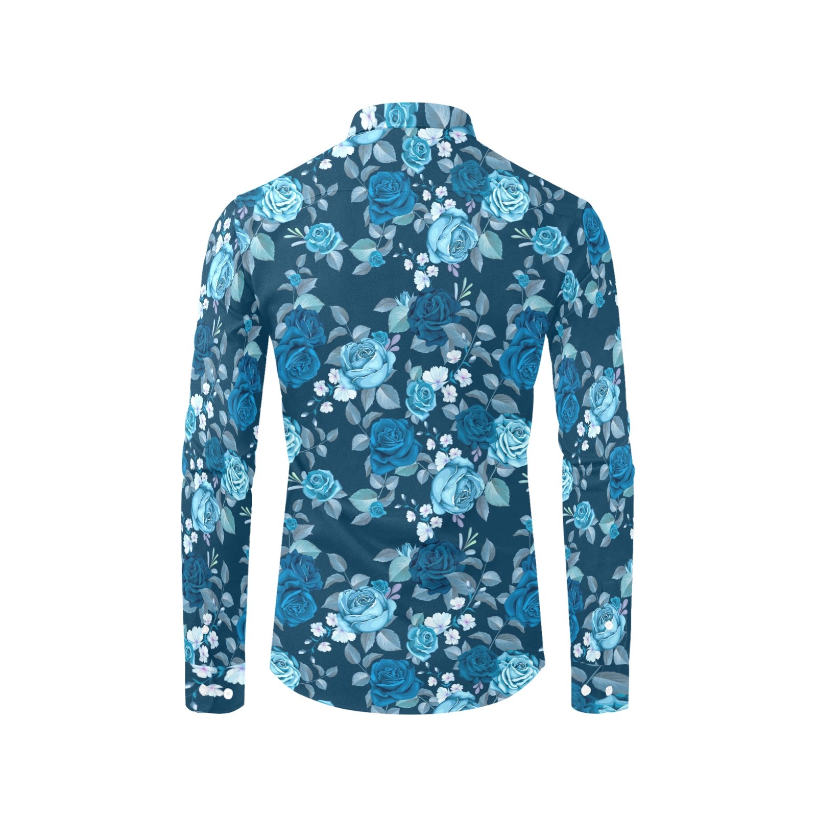 Blue Flowers Long Sleeve Men Button Up Shirt, Floral Print Dress Buttoned Hawaiian Collar Dress Shirt with Chest Pocket Starcove Fashion
