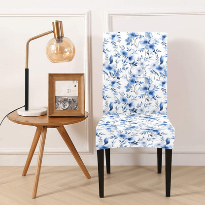 Blue Floral Dining Chair Seat Covers, White Flowers Watercolor Stretch Slipcover Furniture Dining Kitchen Room Stool Home Decor