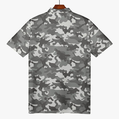 Gray Camo Men Polo Shirt, Camouflage Casual Summer Buttoned Down Up Collared Short Sleeve Sports Golf Tee Top