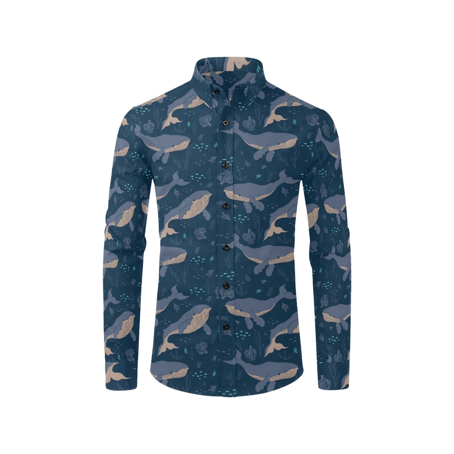 Blue Whale Men Button Up Shirt, Long Sleeve Marine Animals Beach Sea Fish Print Dress Buttoned Collar Dress Shirt with Chest Pocket