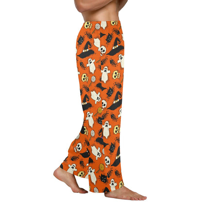 Halloween Men Pajamas Pants, Orange Spooky Ghost Skull Satin PJ Pockets Sleep Lounge Trousers Couples Matching Trousers Bottoms Starcove Fashion