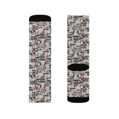Sailing Boat Socks, Red White Blue Nautical Crew 3D Sublimation Women Men Designer Fun Novelty Cool Casual Cute Unique Gift