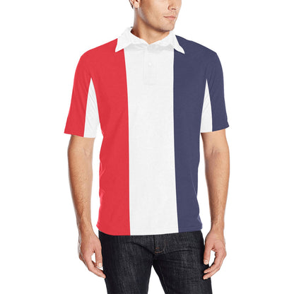 Red White Blue Vertical Men Polo Shirt, 90s Striped Vintage Stripe