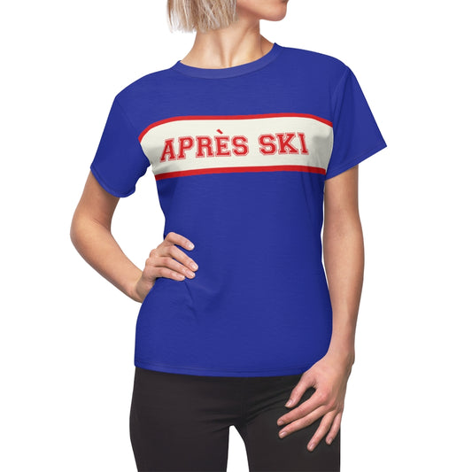 Apres Ski Women Tshirt, Retro Vintage Stripe Skiing Winter Sport Royal Blue Adult Graphic Crewneck Tee Designer Fitted Top Starcove Fashion