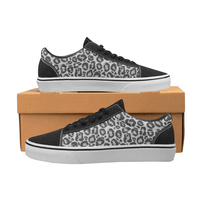 Grey Leopard Women Shoes, Black Vegan Faux Suede Leather Animal Print Leopard Print Lace-Up Canvas Casual Designer Sneakers