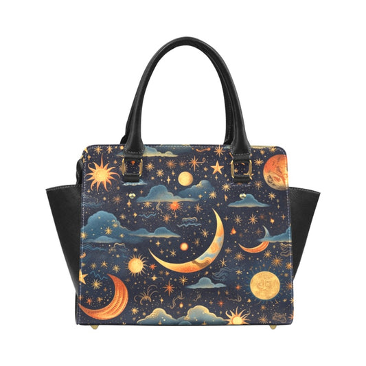Celestial Purse Handbag, Cute Sun Moon Stars Vegan Leather Designer Women Gift Satchel Top Zip Handle Bag Shoulder Strap Ladies