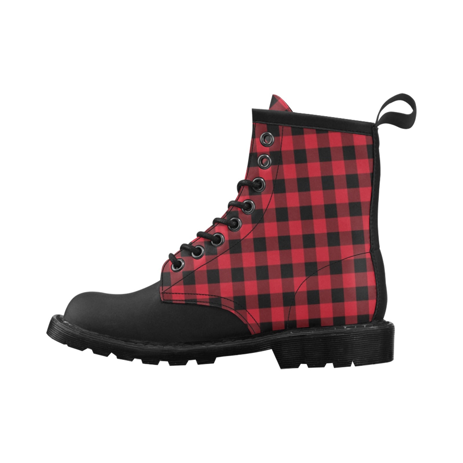 Red and Black Buffalo Plaid Women's Boots, Check Lumberjack Tartan Vegan Leather Lace Up Shoes Print Ankle Punk Combat Gothic Winter Ladies Starcove Fashion
