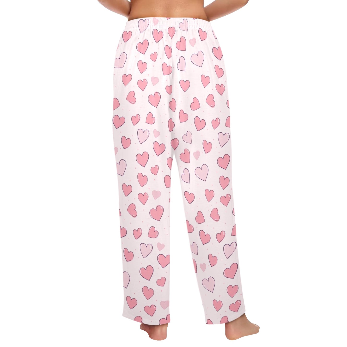 Pink Red Hearts Women Pajamas Pants, Valentines Day Satin PJ Funny Pockets Trousers Sleep Couples Matching Ladies Female Trousers Bottoms