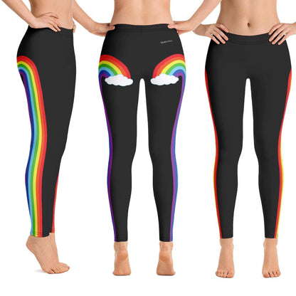 Double Rainbow Leggings, Cloud Colorful Side Striped Art Graphic Printed Yoga Pants Cute Activewear Starcove Fashion