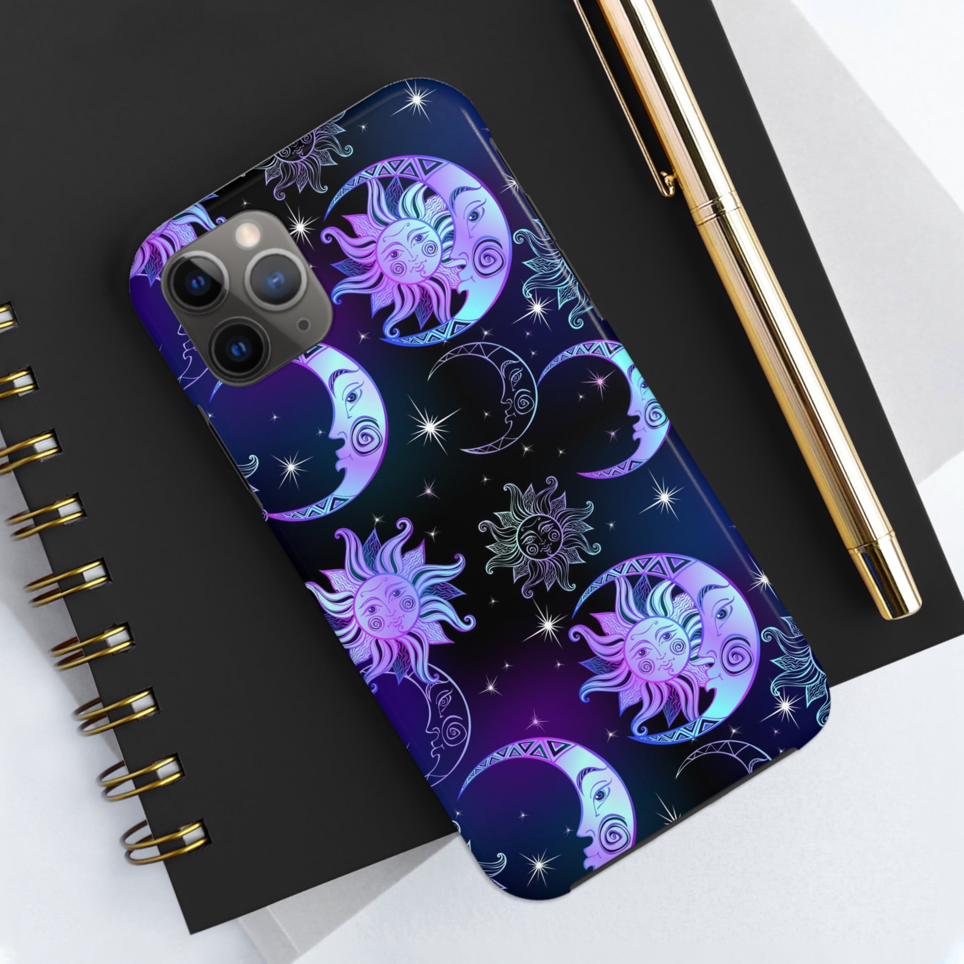 Sun Moon Stars Tough Phone Case, Celestial Purple iPhone 14 13 Pro Max 12 11 X XR XS SE 7 8 Plus Cell Cover Cool Aesthetic Starcove Fashion