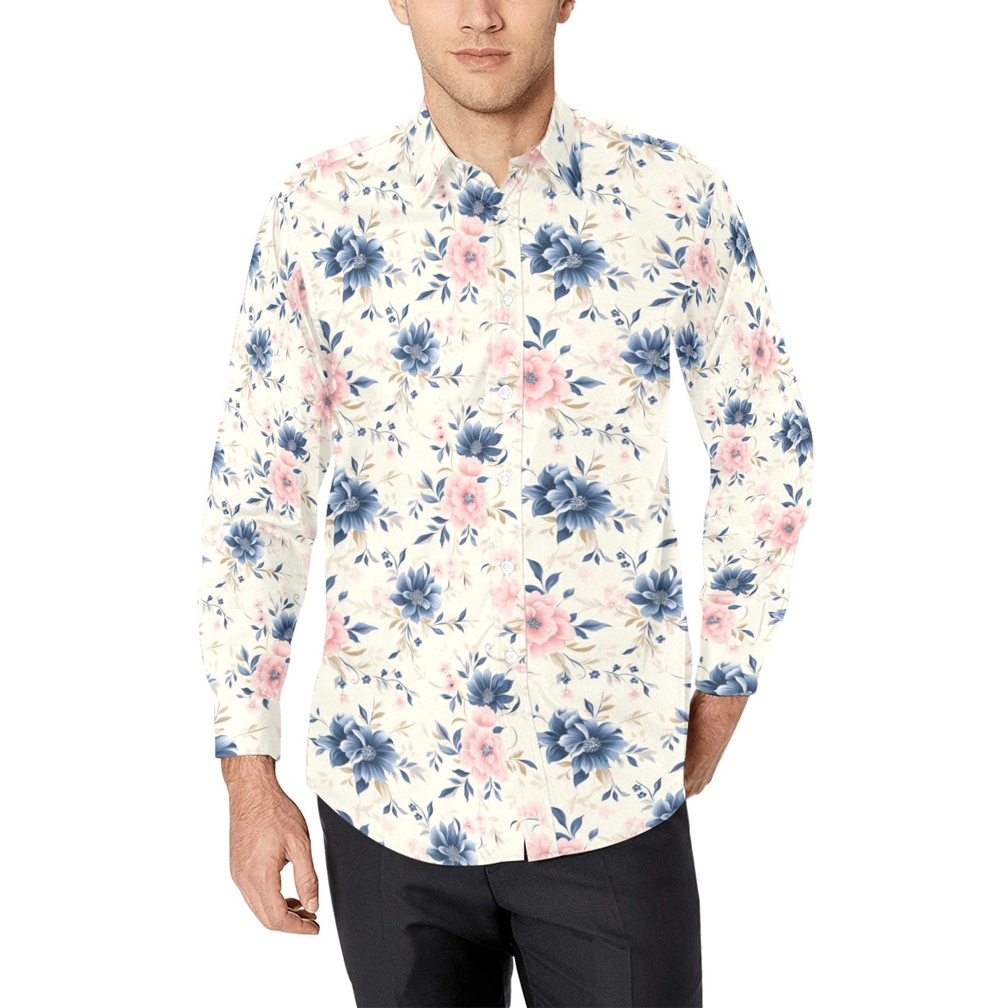 Pink Blue Floral Long Sleeve Men Button Up Shirt, White Flowers Print White Casual Buttoned Collared Designer Dress Shirt with Chest Pocket Starcove Fashion