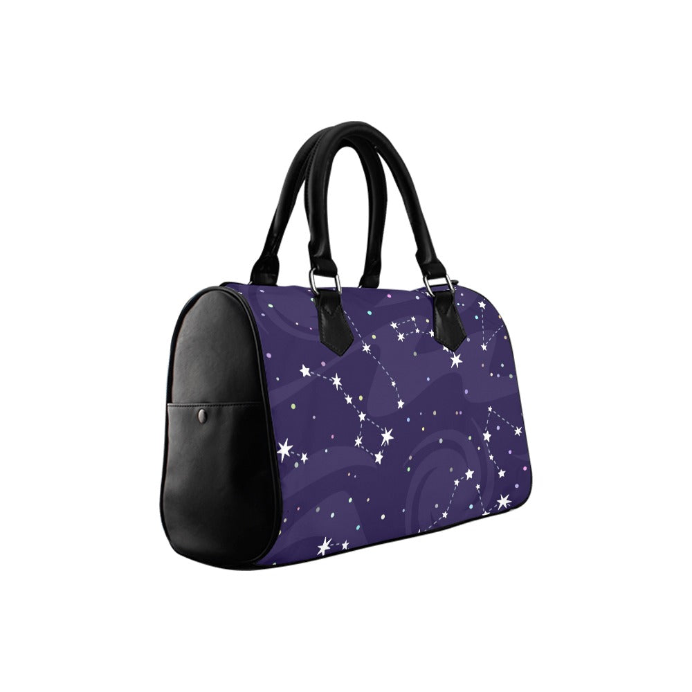 Constellation Space Purse, Celestial Cosmic Stars Art Print Top Handle Handbag Canvas Leather Boston Barrel Type Designer Women Bag