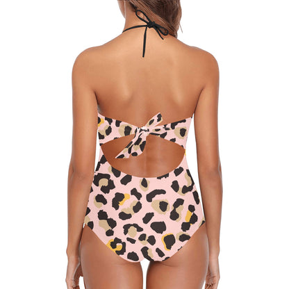 Pink Leopard Lace Swimsuit Women, Animal Print Cheetah Black One Piece Band Embossing Cute Designer Bathing Suit Padded Cups Plus Size